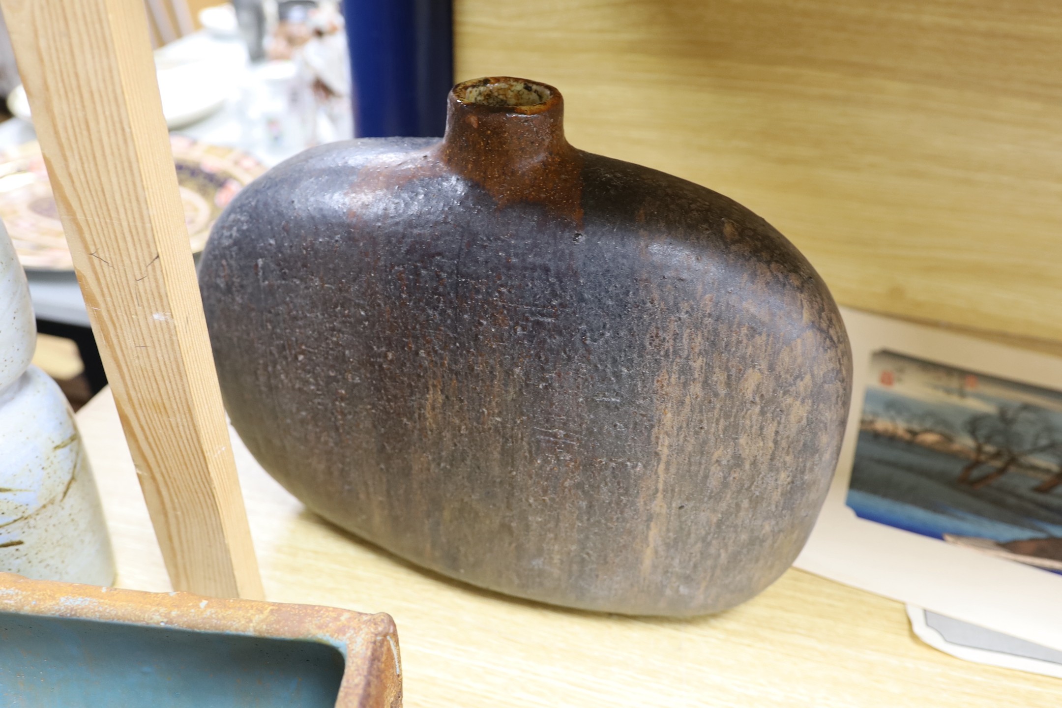 Ruth Sulke - a free form vase, together with a selection of Japanese studio pottery, etc. widest vase 35cms